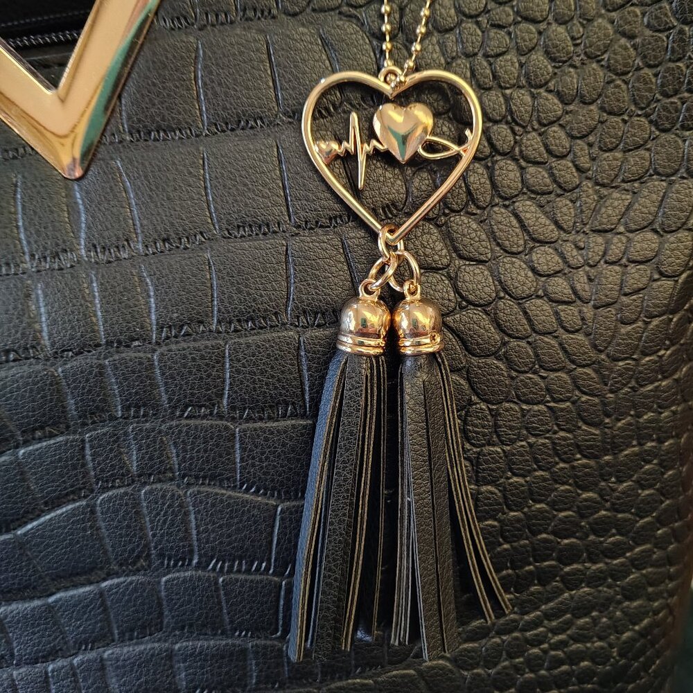 Crossi Black Gold Purse Handbag Crocodile Bag Zipper Tassle Pockets - Picture 3 of 13